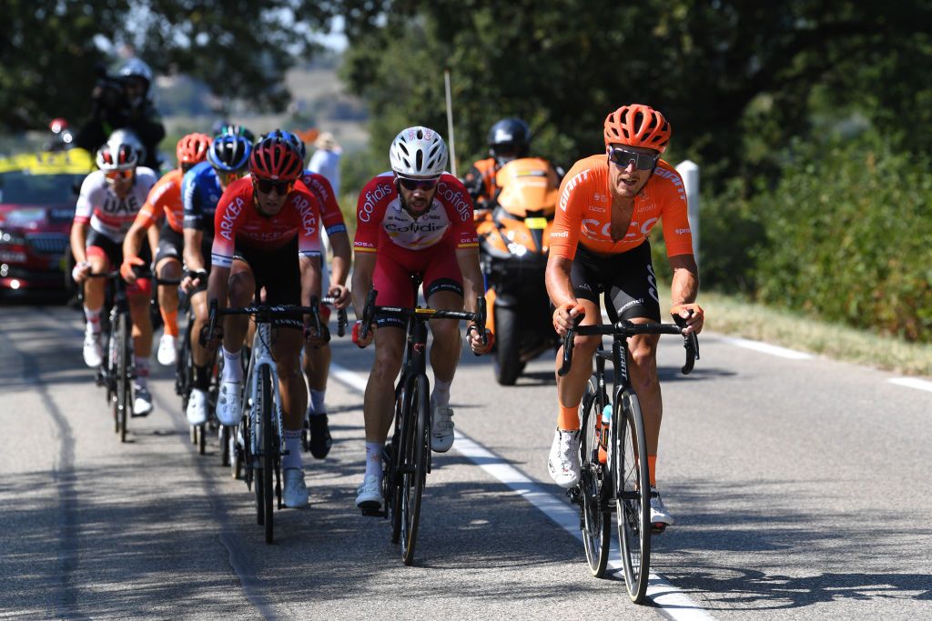 GRAND COLOMBIER FRANCE SEPTEMBER 13 Jesus Herrada Lopez of Spain and Team Cofidis Solutions Credits Matteo Trentin of Italy and CCC Team Breakaway during the 107th Tour de France 2020 Stage 15 a 1745km stage from Lyon to Grand Colombier 1501m TDF2020 LeTour on September 13 2020 in Grand Colombier France Photo by Tim de WaeleGetty Images