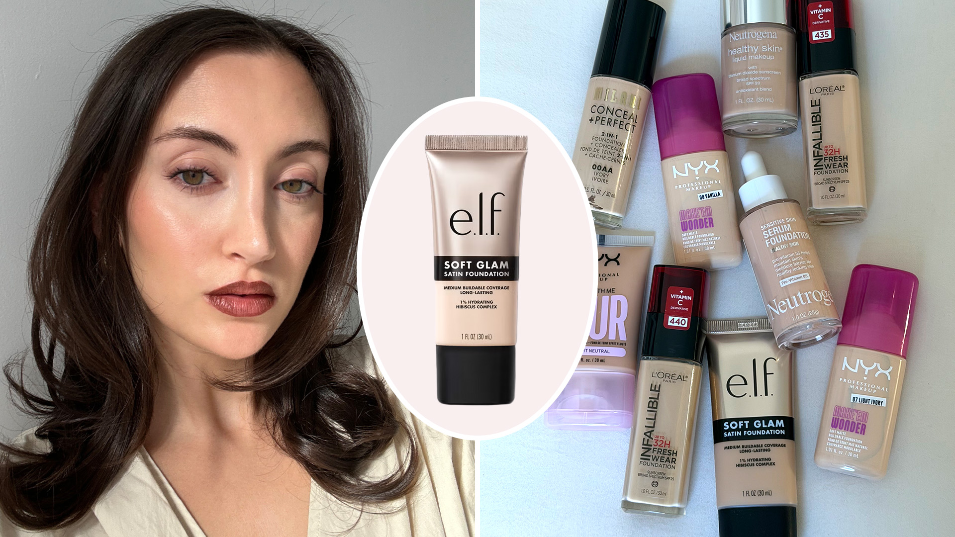 A collage of Who What Wear associate beauty editor Alyssa Brascia and the pile of drugstore foundations she tested.