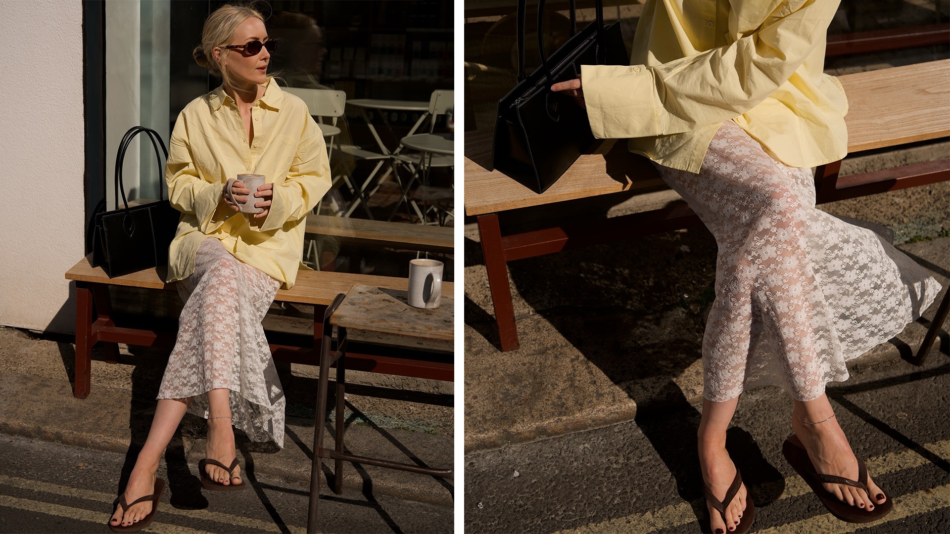 British style influencer Chloe Kath Butler sitting on a bench outside a London cafe holding a mug wearing a yellow button-down shirt, white lace skirt, and flat brown flip-flop sandals 