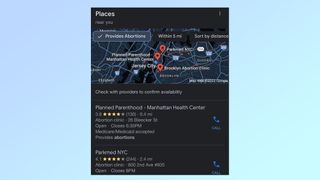 Google Maps search results showing the changes to how abortion centers are displayed in the app.