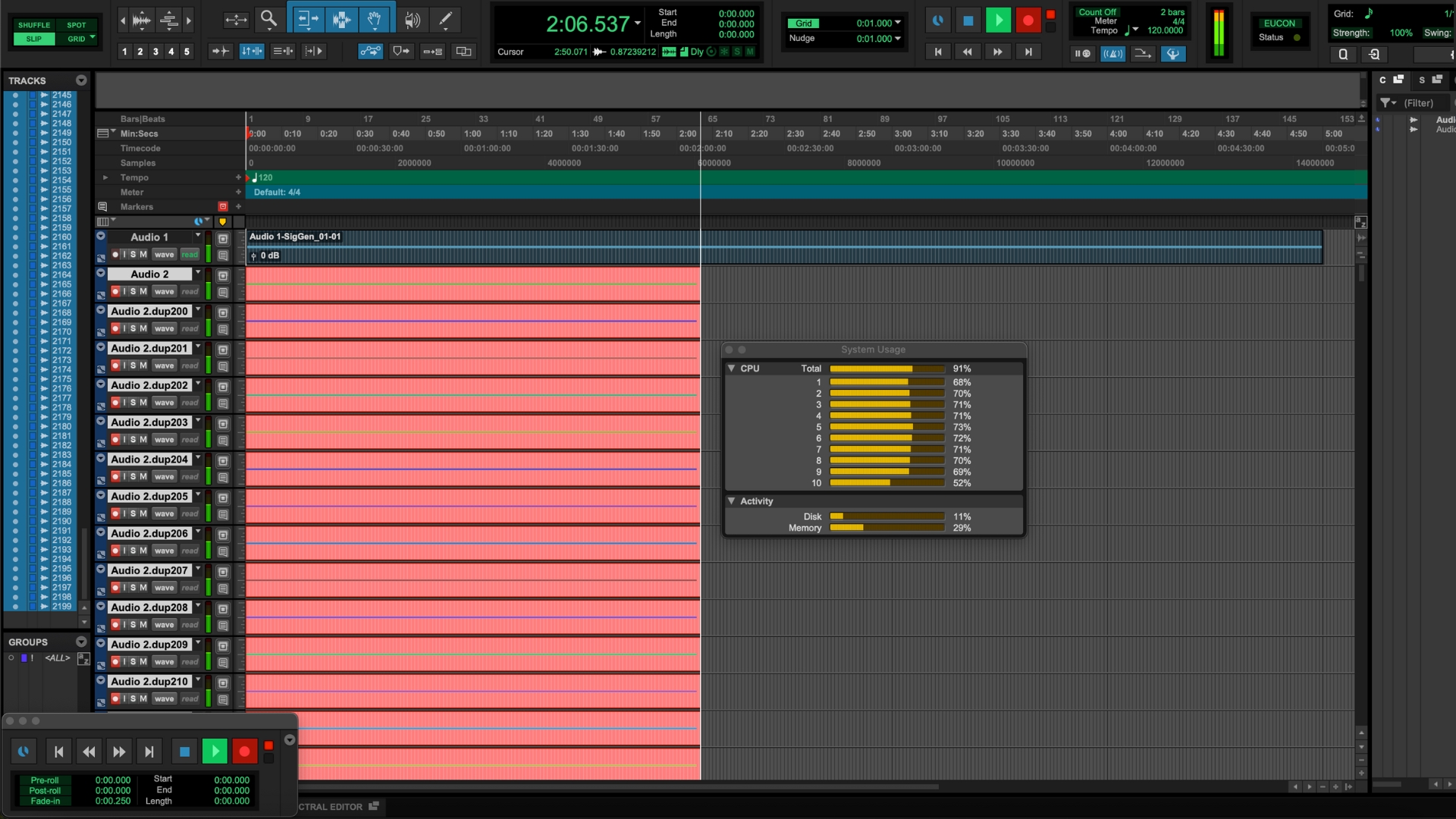 A screenshot of Pro Tools running the D-Verb test on a MacBook Air M4