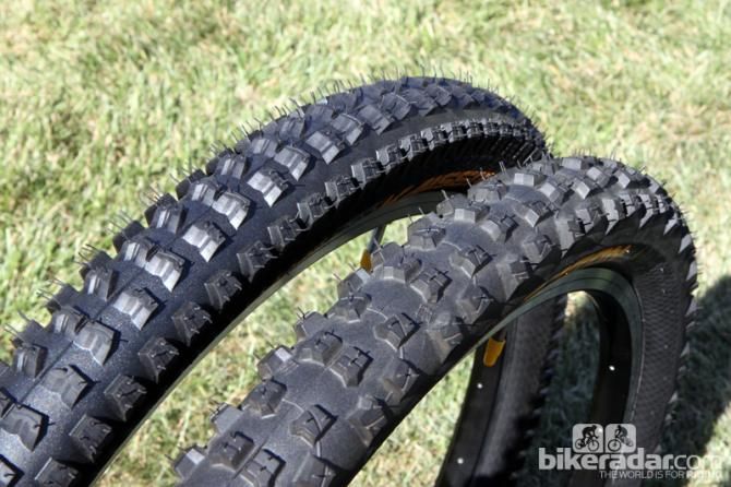 Continental's premier DH race tires are the new Kaiser Projekt 2.4 (left) for 'all conditions' and the Baron 2.5 (right) for softer terrain.