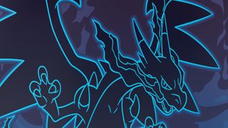 Mega Evolution Charizard X in electric blue silhouette against a fiery blue background