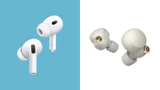 Apple AirPods Pro 2 buds on left, Sony WF-1000XM4 buds on right