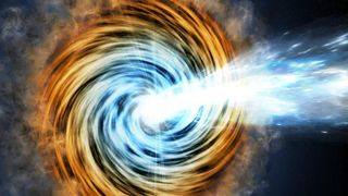 An illustration of a hungry black hole, wrapped in a fiery orange accretion disk and shooting a beam of blue radiation out of its center