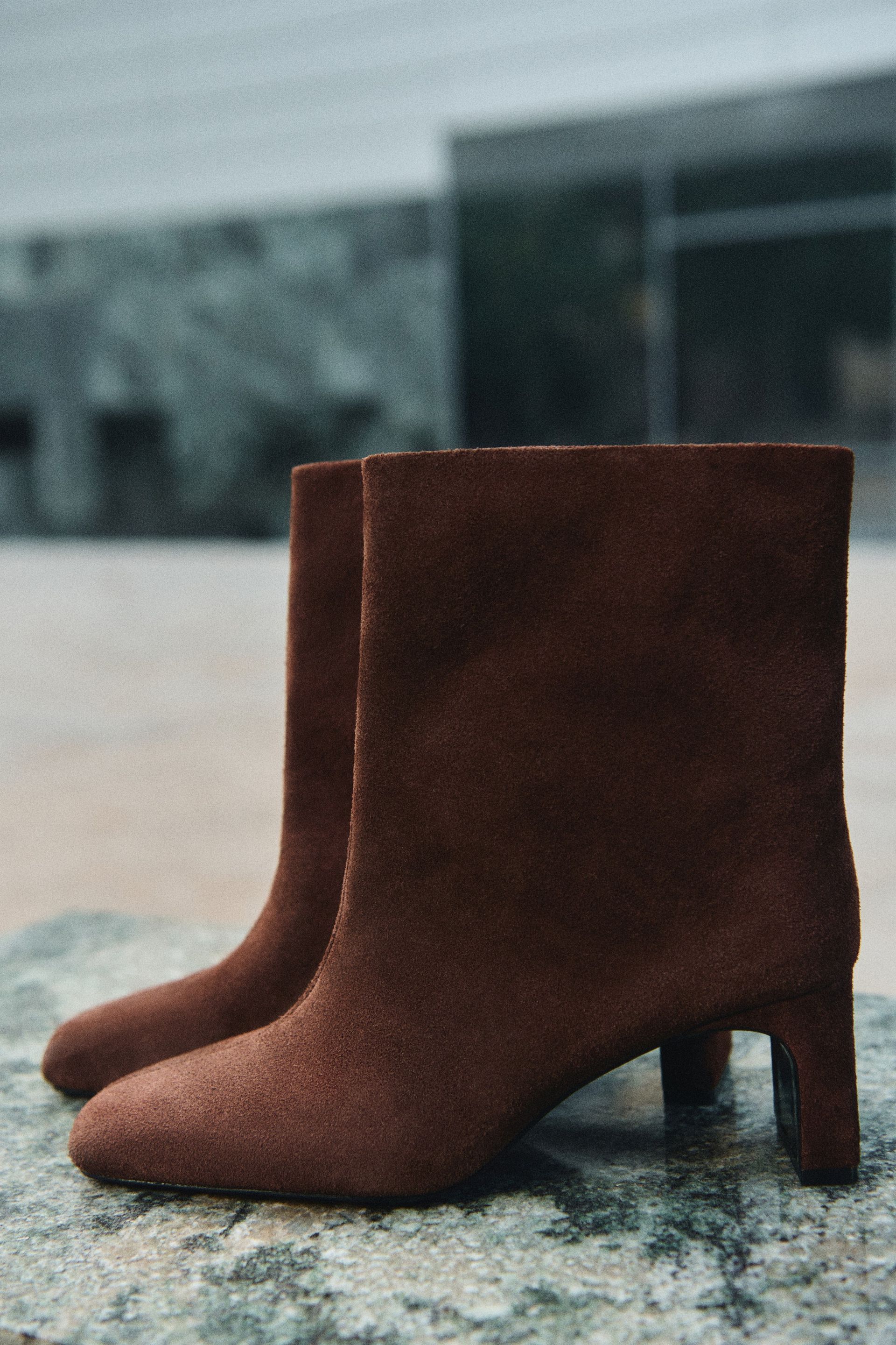 Heeled Suede Ankle Boots - Dark Brown