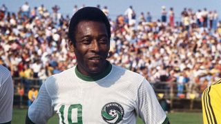Pele standing on the field in the uniform of the New York Cosmos