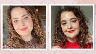 Two images of Senior Beauty Editor Rhiannon Derbyshire with defined, voluminous curls