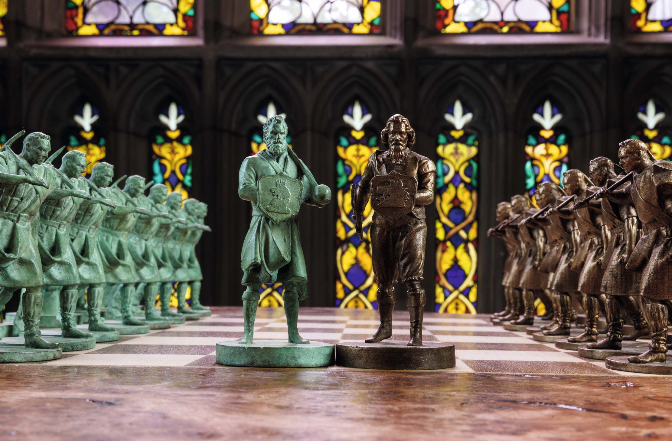 Close up of the ornate pieces on the chess board