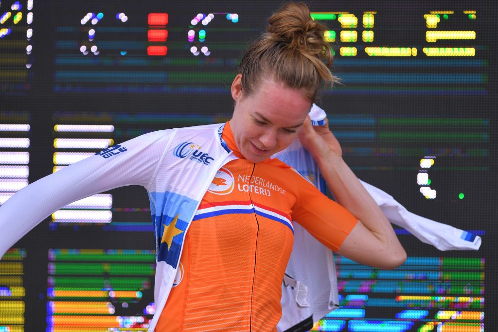 PLOUAY FRANCE AUGUST 24 Podium Anna Van Der Breggen of Netherlands Gold Medal European Champion Jersey Celebration during the 26th UEC Road European Championships 2020 Womens Elite Individual Time Trial a 256km race from Plouay to Plouay ITT UECcycling EuroRoad20 on August 24 2020 in Plouay France Photo by Luc ClaessenGetty Images