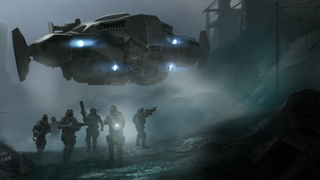 A group of soldiers moving forward under a hovering dropship in Menace.