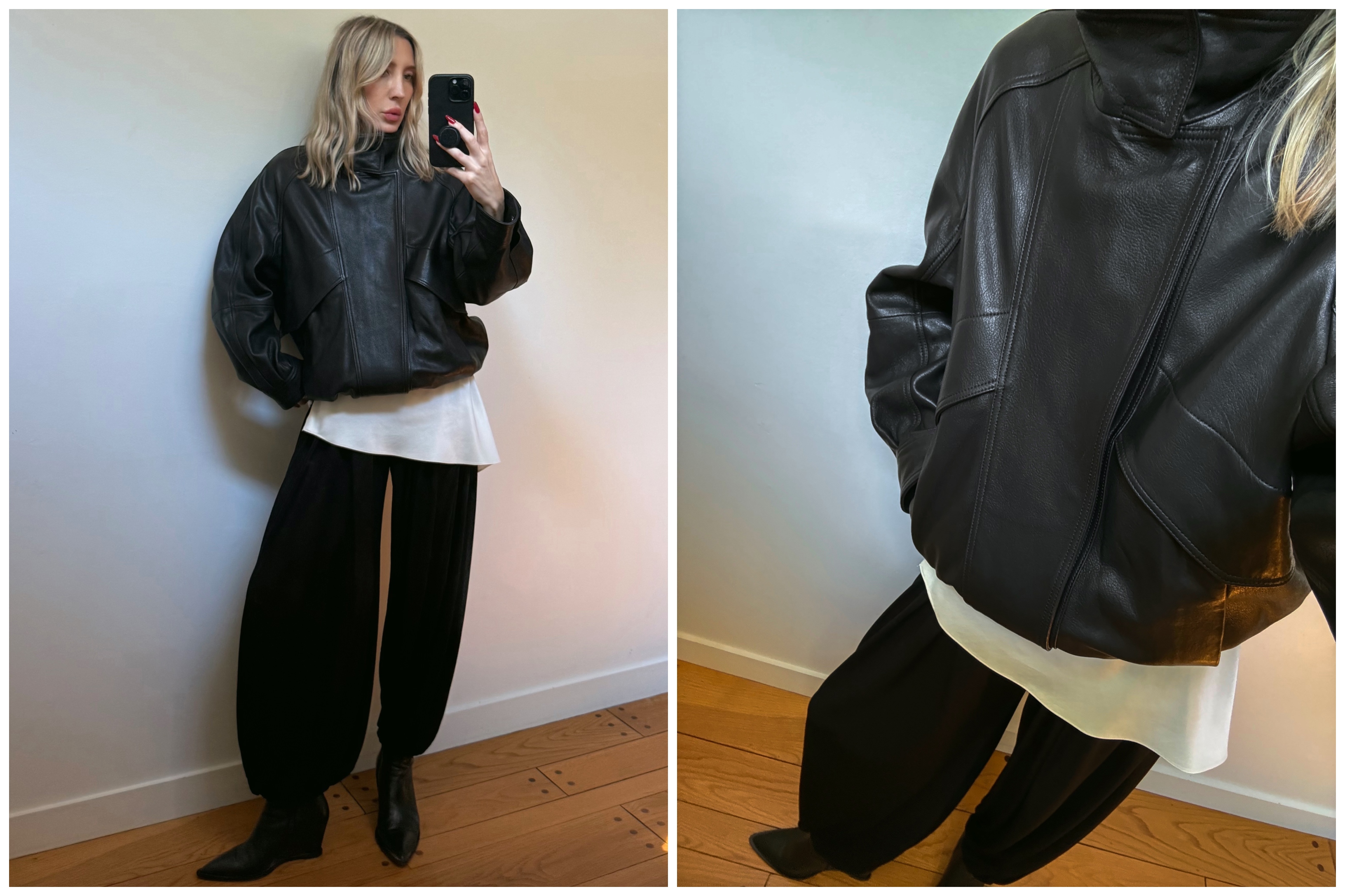 Angela Fink wearing a leather jacket, balloon pants