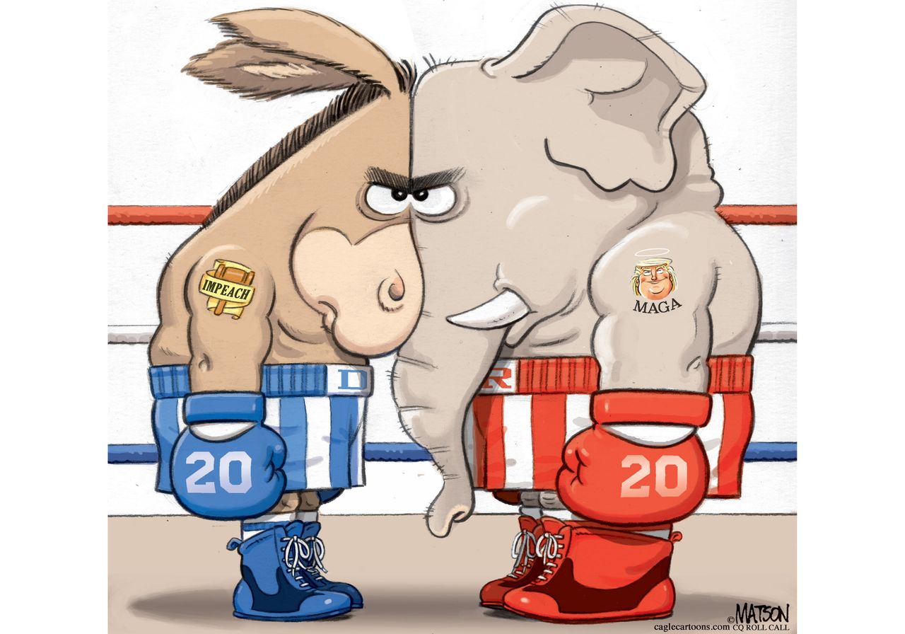 Political Cartoon U.S. Impeachment Fight Staredown