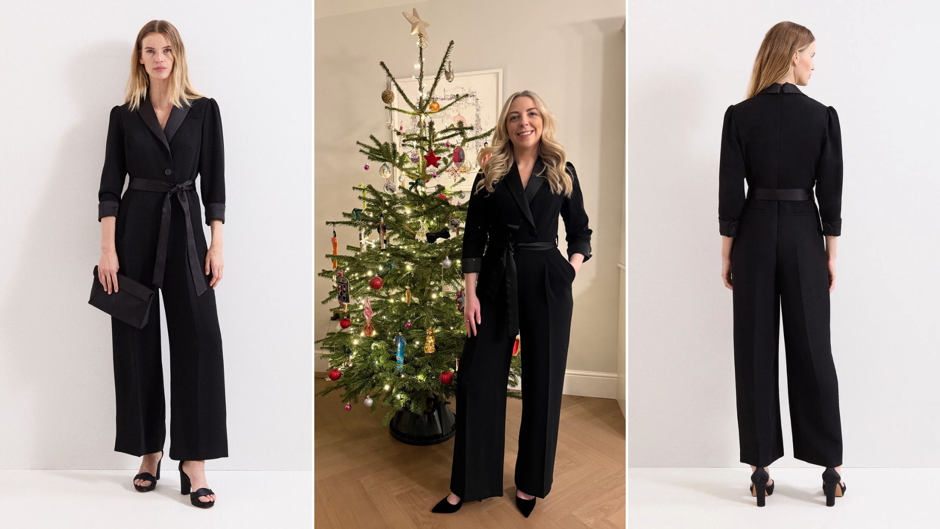 Three images of the Phase Eight Kylie tux jumpsuit 