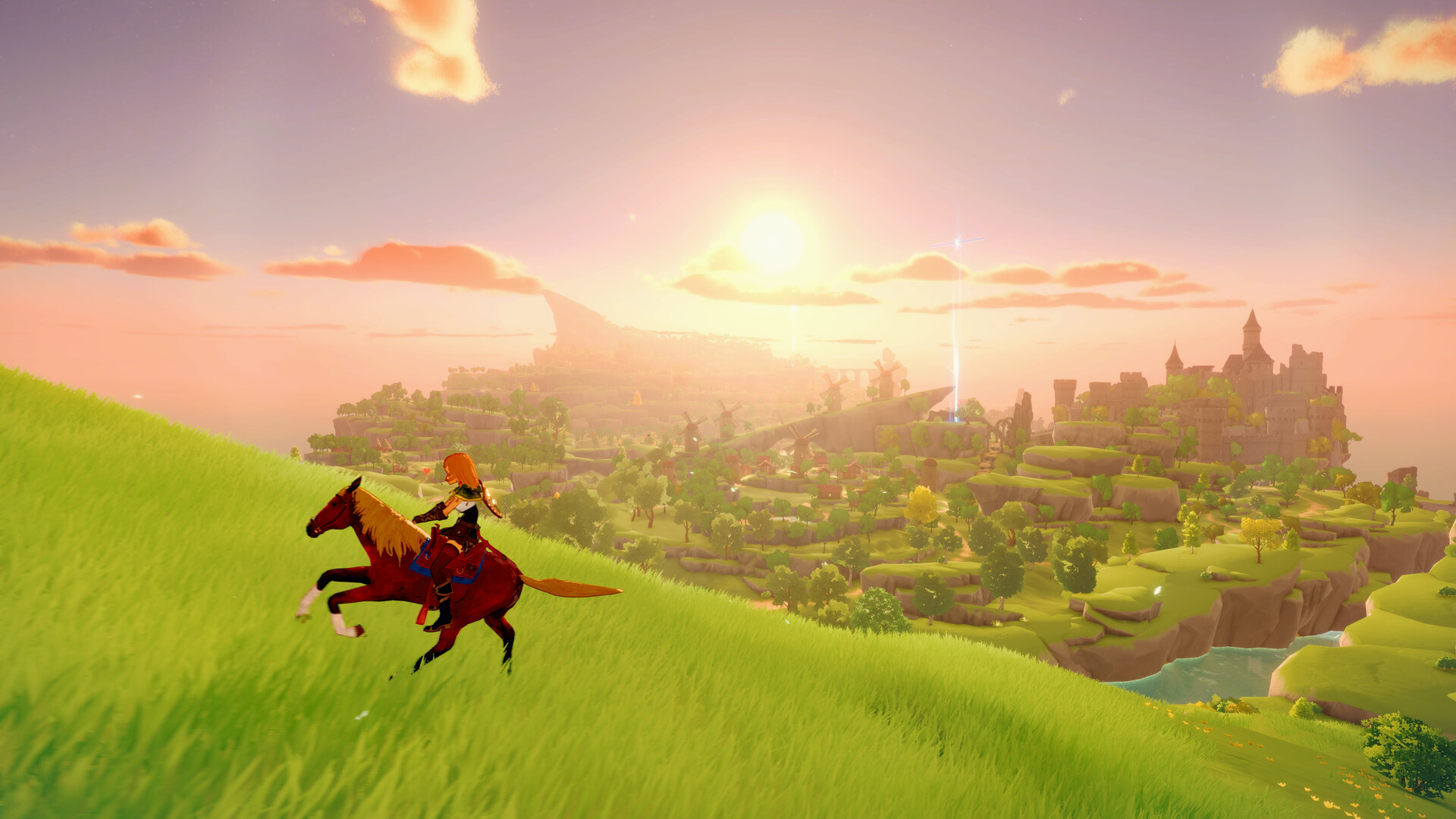 Craftopia girl with red hair riding chestnut-colored horse on grassy fields, mountains in background