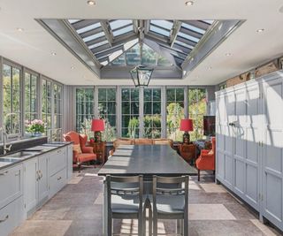 orangery kitchen extension with grey units and large island in centre