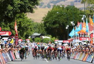 The sprinters bear down on the finish of stage 1 at the tour Down Under