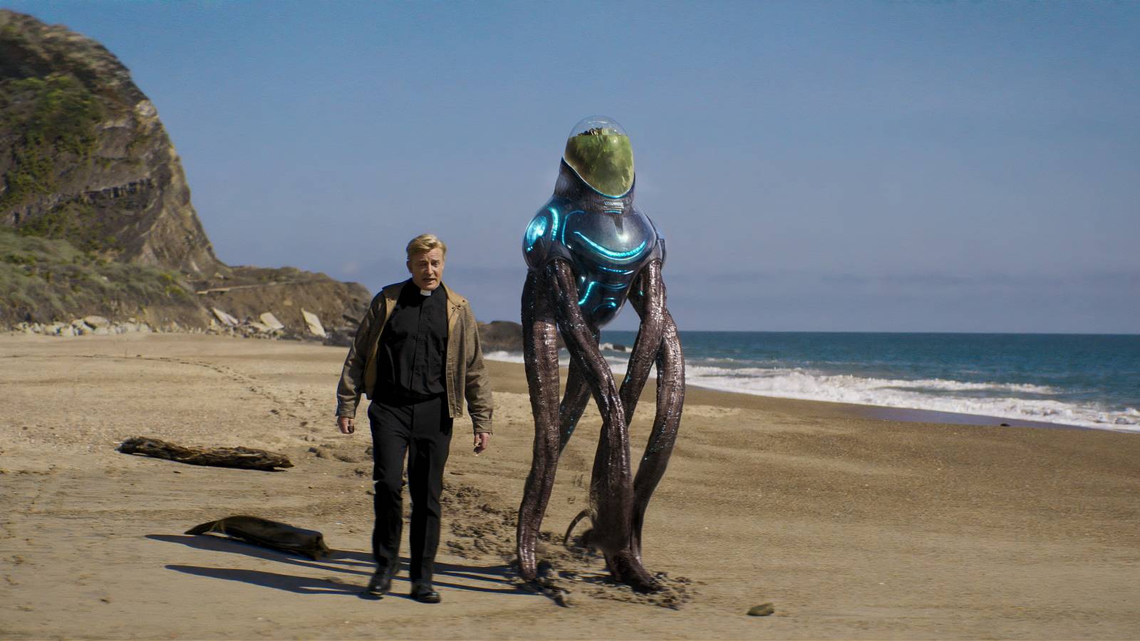 A man walking on a beach with an alien in Love, Death + Robots Vol. 4.