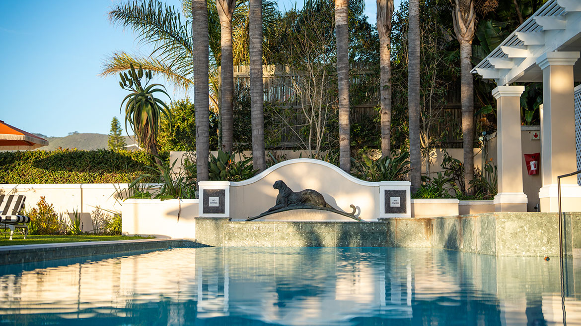 The leopard statue and pool at Ellerman House, Cape Town