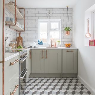 pale grey Shaker kitchen with geometric floor