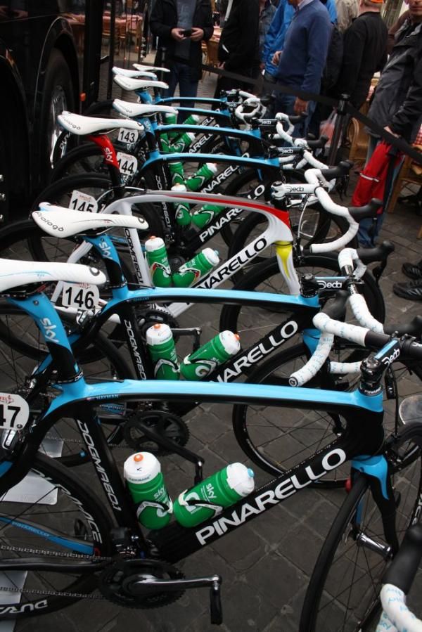 The Team Sky Pinarello bikes, including German champion Christian Knees' special white bike