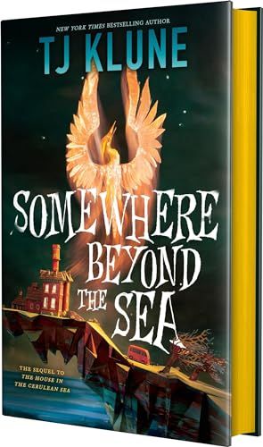 Somewhere Beyond the Sea book cover with a phoenix like bird rising over a cliff with a mansion on it 