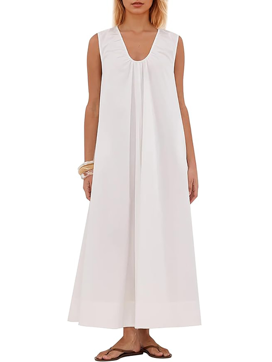 ICOBID, Icobid Womens Sleeveless Scoop Neck Long Dress Wide Shoulder Ruched Relaxed Summer Beach Vacation Maxi Sundress White