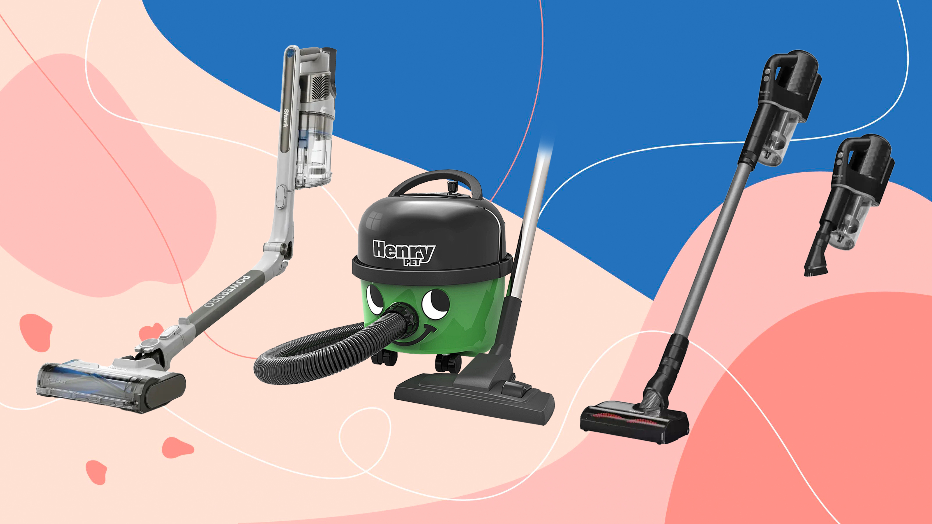 Shark, Henry and Miele vacuums on a blue and pink background