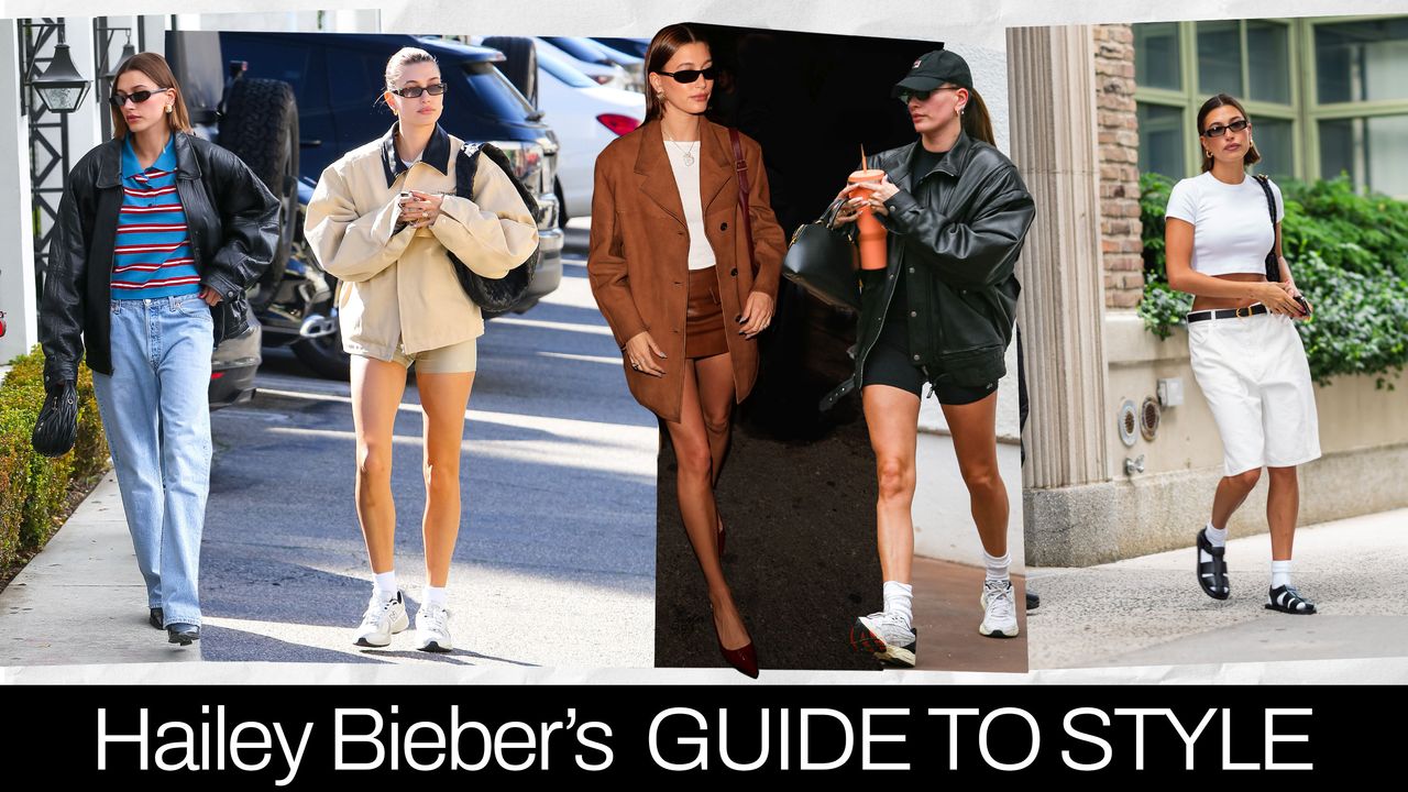 collage of hailey bieber outfits 