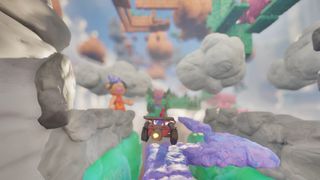 A Stegosaurus shaped racing car flies through a surreal claymation world featuring a purple racing track, floating cloads, and a clay figure of a girl.