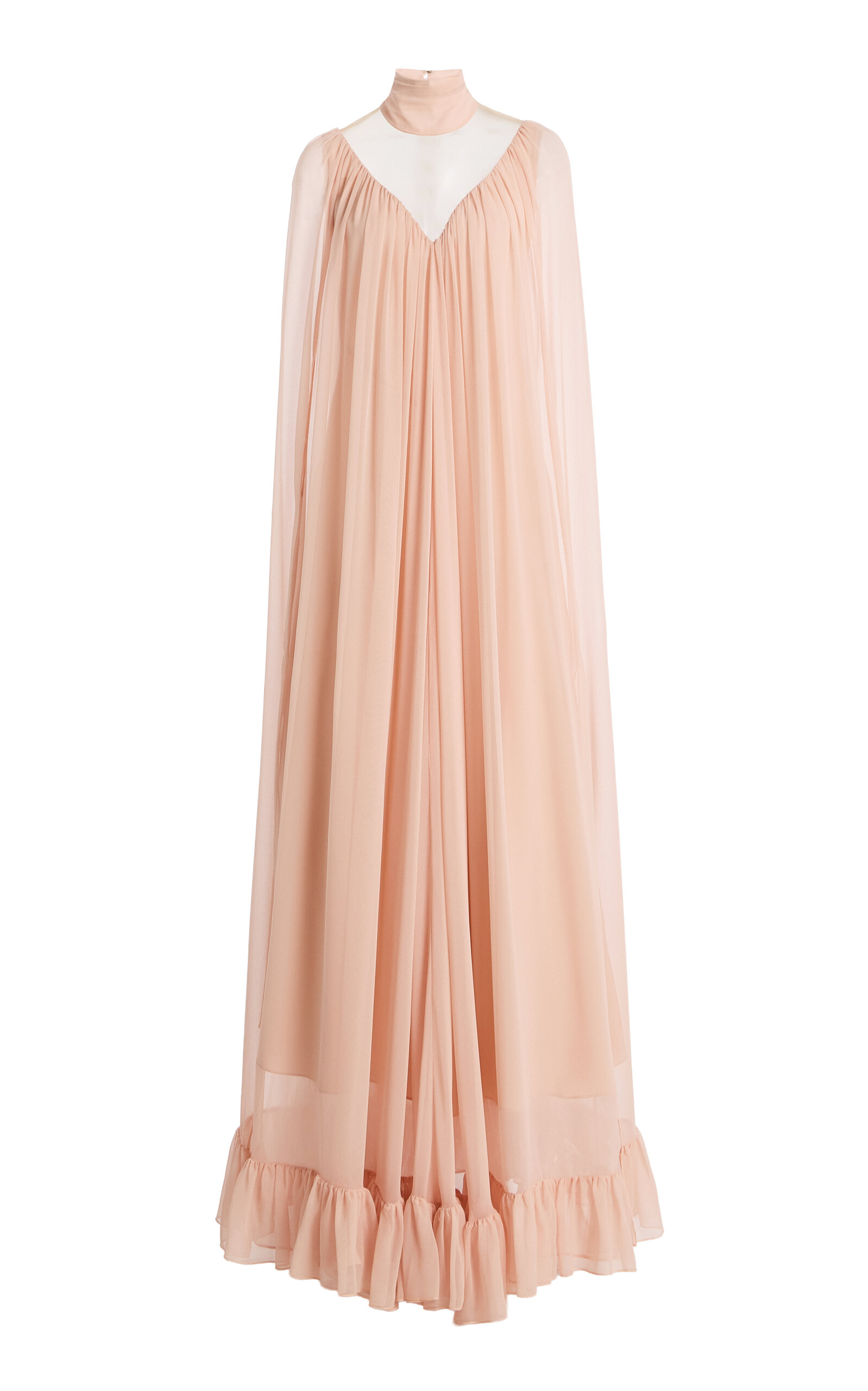 Ruffled Silk-Chiffon Cape Gown
