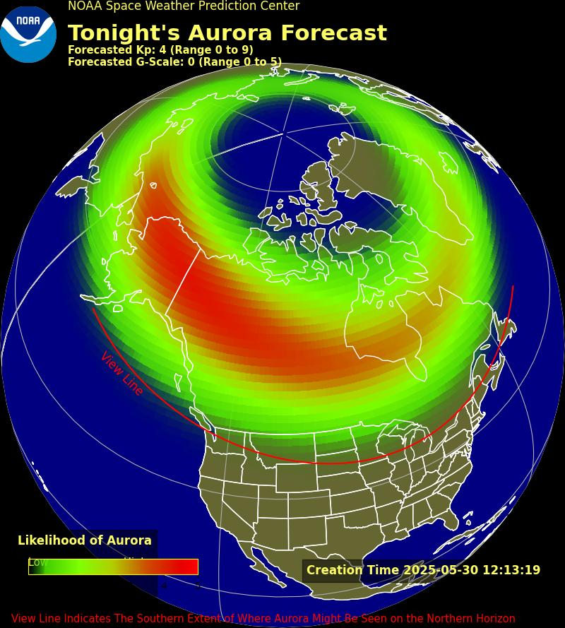 aurora forecast map showing the extent of possible aurora visibility over the united states.