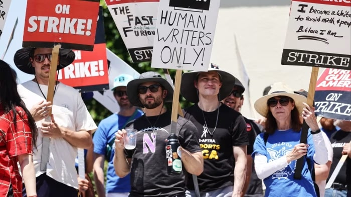 Writers from the SAG-AFTRA screen actors guild protest in Los Angeles in 2023. The strike broke out over pay, but the refusal of studios such as Netflix and Disney to rule out artificial intelligence replacing human writers became a focal point for the protestors.