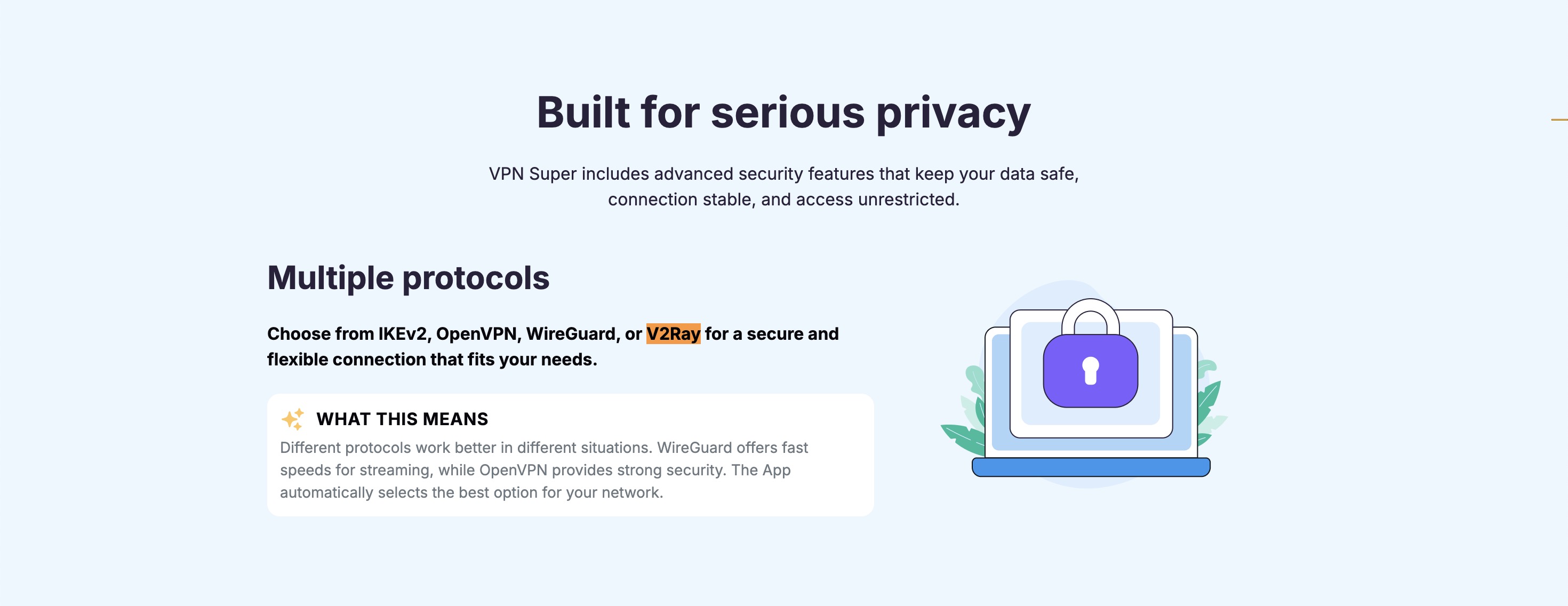 VPN Super unlimited website referencing the availability of V2Ray as a feature