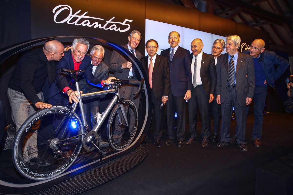 Paolo Bettini, Gianni Motta, Francesco Moser, Felice Gimondi, Ernesto Colnago, Vittorio Adorni, Ceslaw Lang, Giuseppi Saronni, Michele Dancelli and Giambattista Baronchelli