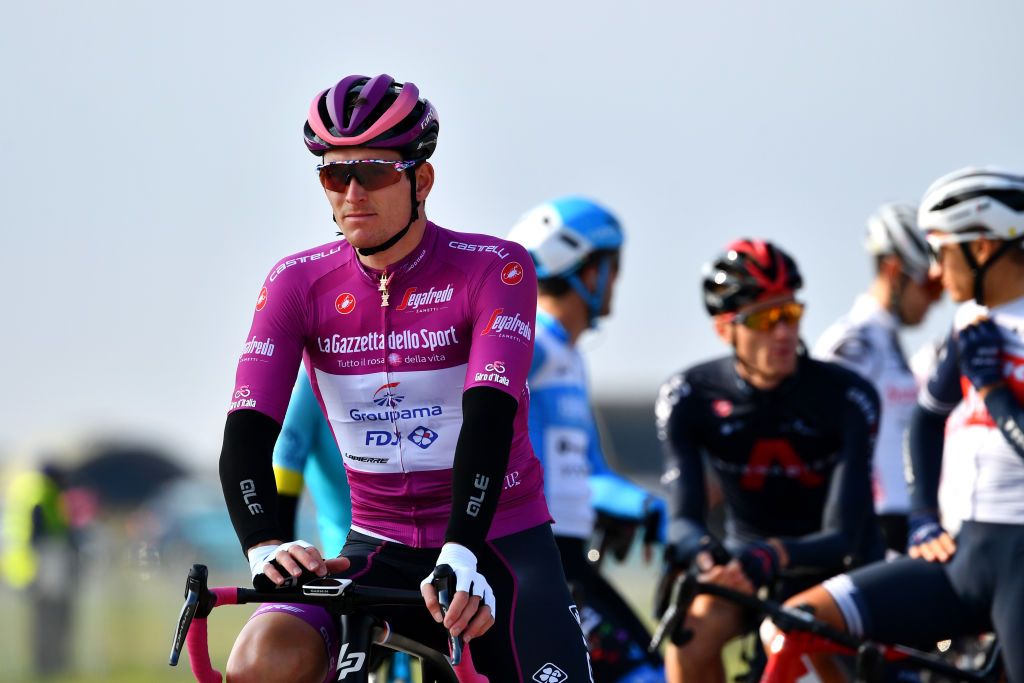 PIANCAVALLO ITALY OCTOBER 18 Start Arnaud Demare of France and Groupama FDJ Purple Points Jersey Base Aerea Rivolto during the 103rd Giro dItalia 2020 Stage 15 a 185km stage from Base Aerea Rivolto Frecce Tricolori to Piancavallo 1290m girodiitalia Giro on October 18 2020 in Piancavallo Italy Photo by Stuart FranklinGetty Images
