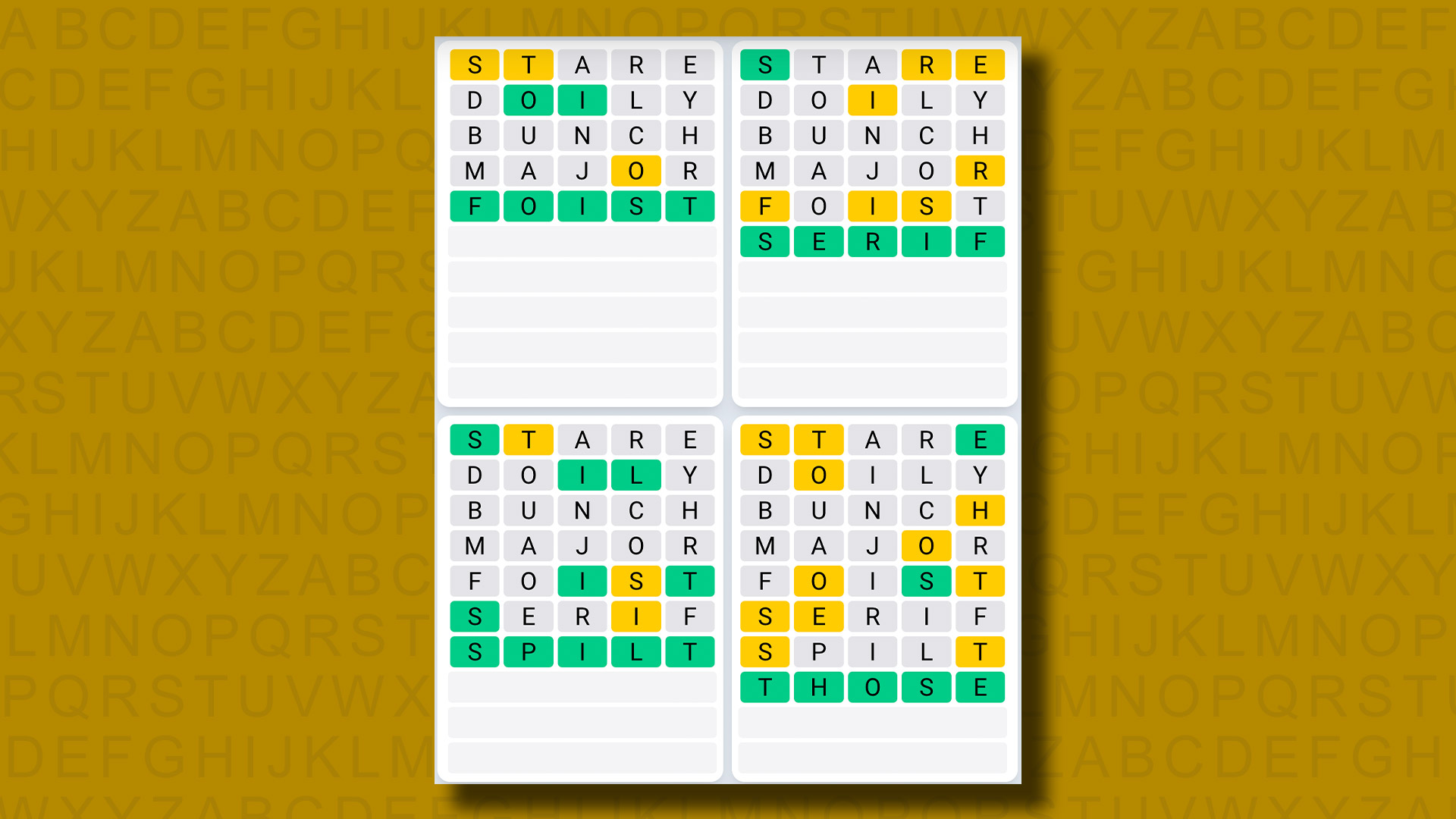 Quordle Daily Sequence answers for game 1032 on a yellow background