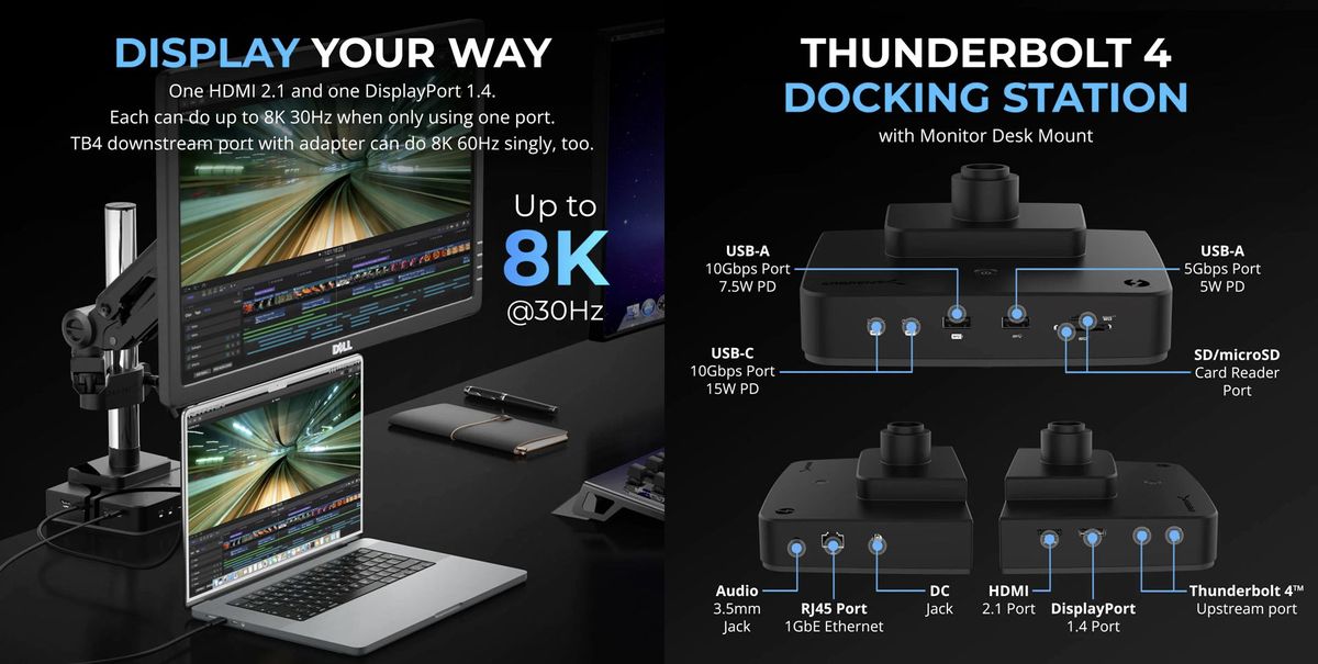 Sabrent DS-T4WA Thunderbolt 4 docking station with monitor desk mount
