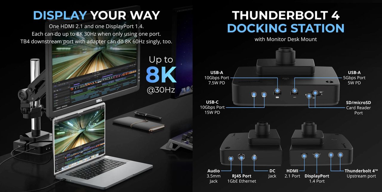Sabrent DS-T4WA Thunderbolt 4 docking station with monitor desk mount