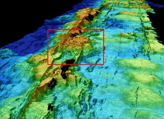 The high-resolution seafloor map above was compiled using data from MBARI's mapping AUV. The red box outlines the position of the rhyolite dome.