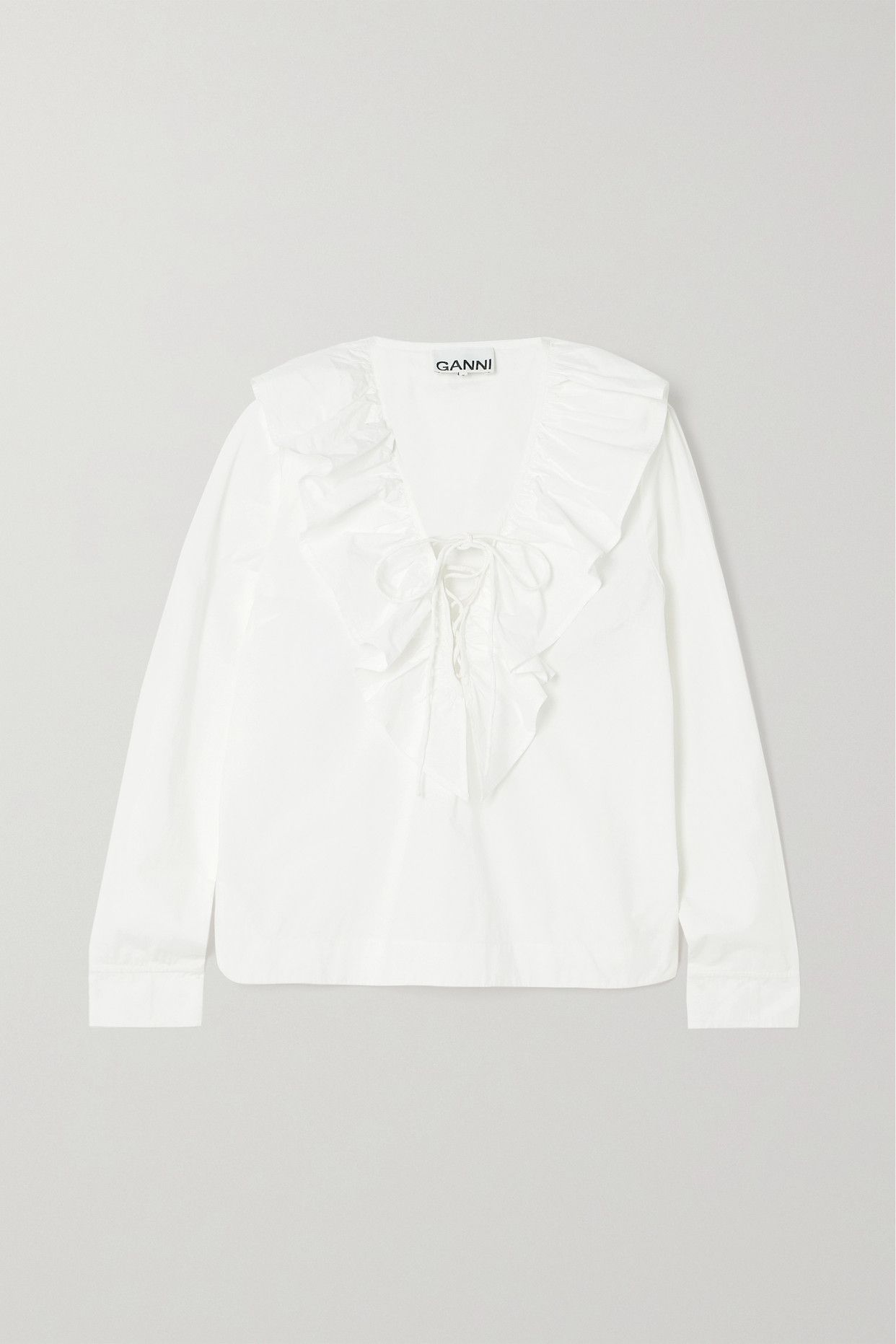 Ruffled lace-up organic cotton-poplin blouse