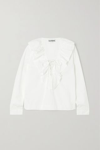 Ruffled lace-up organic cotton-poplin blouse