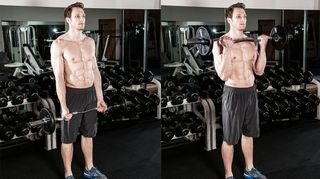 Man demonstrates two positions of the EZ-bar biceps curl