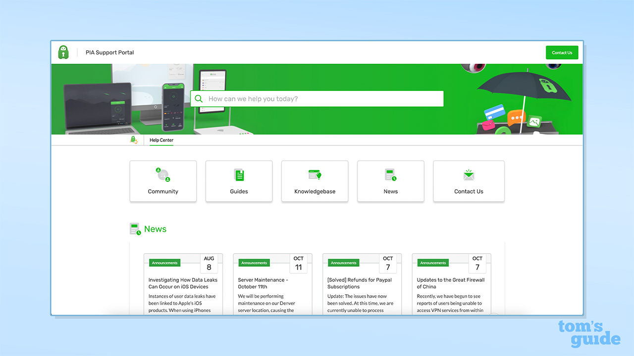 Screenshot of Private Internet Access&#039; customer support portal