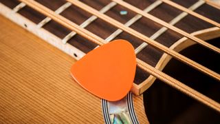 Guitar pick lying on an acoustic guitar