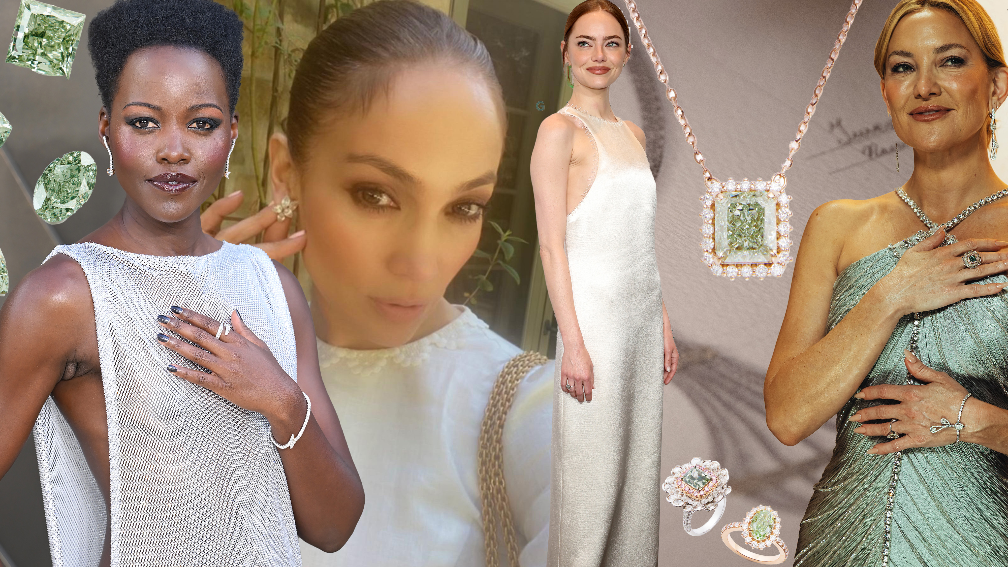 A collage of celebrities wearing green diamonds.