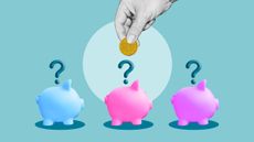 Three piggy banks with question marks as a person decides which bank to deposit a coin