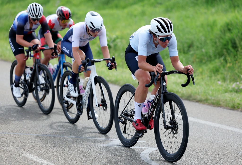 PARIS FRANCE AUGUST 04 Hanna Tserakh of Team Individual Neutral Athletes competes in the breakaway during the Womens Road Race on day nine of the Olympic Games Paris 2024 at Trocadero on August 04 2024 in Paris France Photo by Alex BroadwayGetty Images