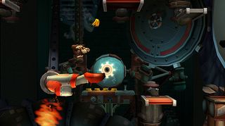 A screenshot from the factory level in Donkey Kong Country Returns HD