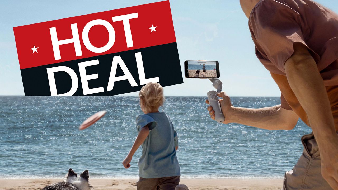 Family taking video with DJI OM 5 on a beach, with deal badge in background